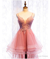 Chic V-neckline Lace Applique Tulle High Low Straps Homecoming Dress, Tulle Short Prom Dress
